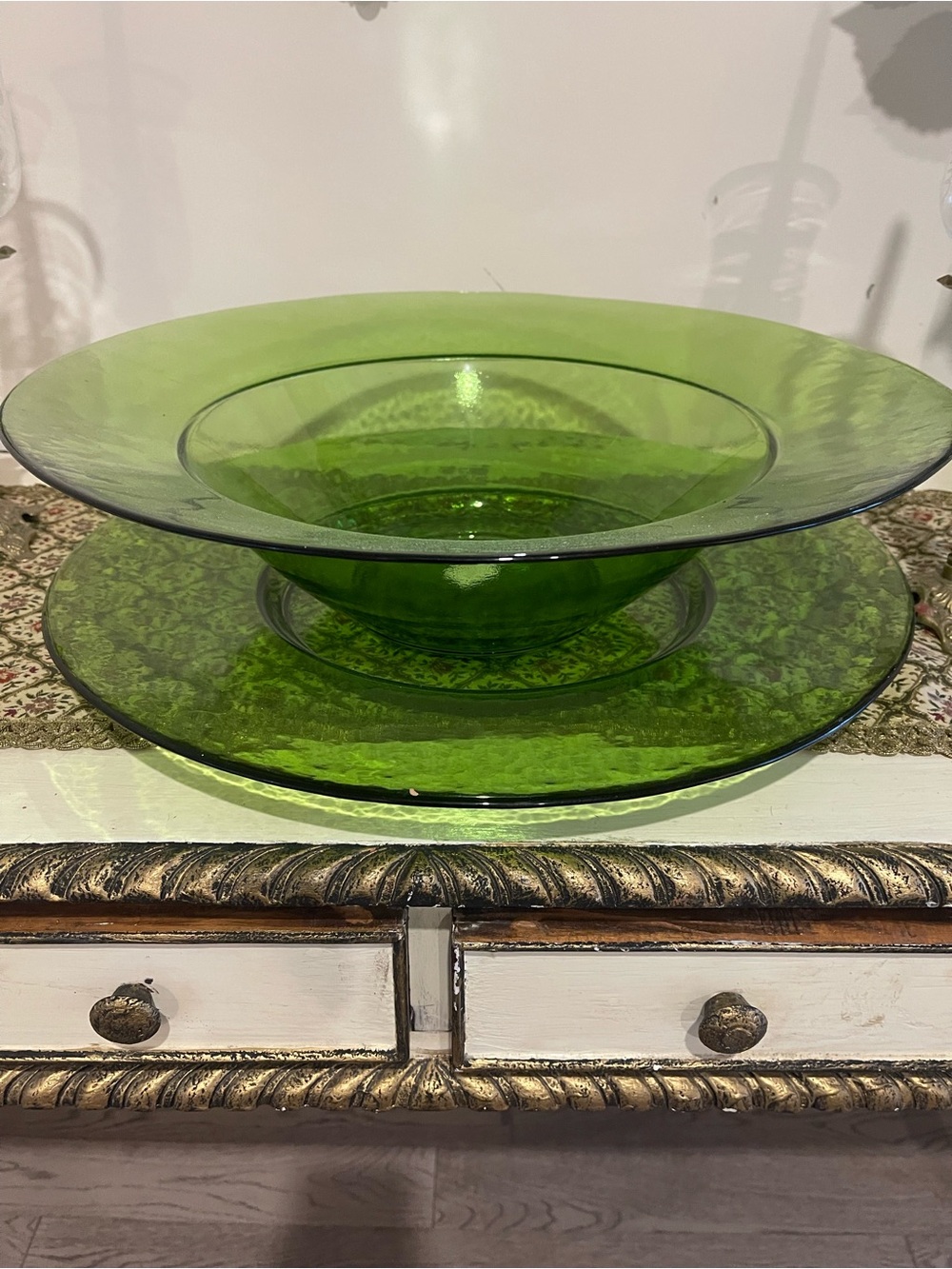 Green Glass Serving Bowl and Charger Set
